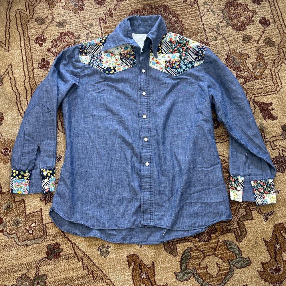Vintage handmade faux patchwork denim shirt